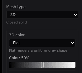 The Props tab showing Mesh type set to 3D and the 3D color control below it