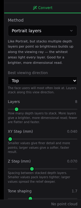 The Convert tab with the Method dropdown and the viewing direction, layers, step and tone controls