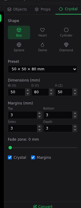 The Crystal tab with shape, preset, dimensions, margins and fade-zone controls