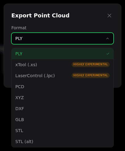 The Export Point Cloud dialog with the format list open, showing PLY, xTool (.xs), LaserControl (.lpc), PCD, XYZ, DXF, GLB, STL and STL (alt)