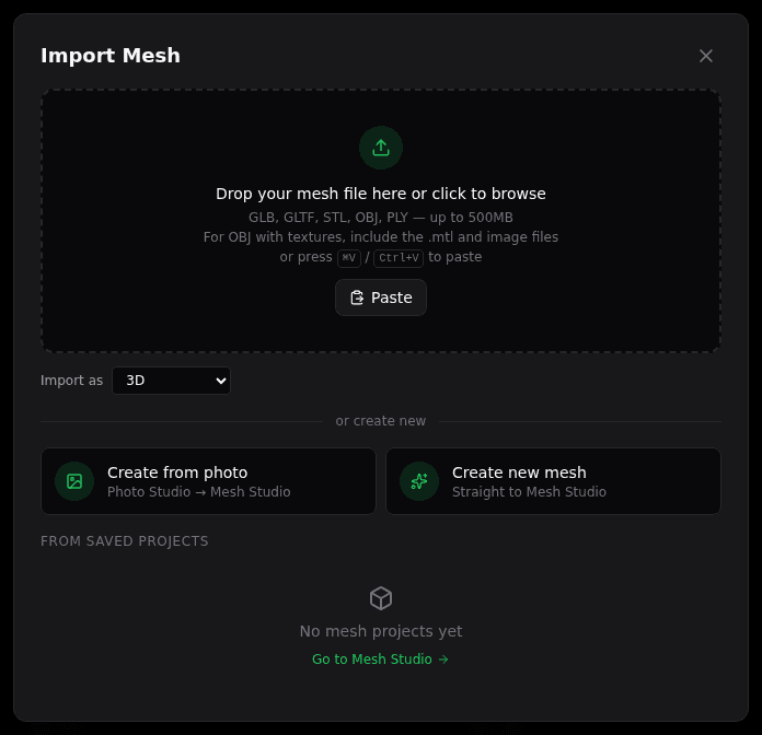 The Import Mesh dialog with options to upload a file, create from a photo, or open a saved project
