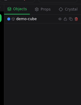 The Objects panel listing an object with visibility, lock, duplicate and delete controls