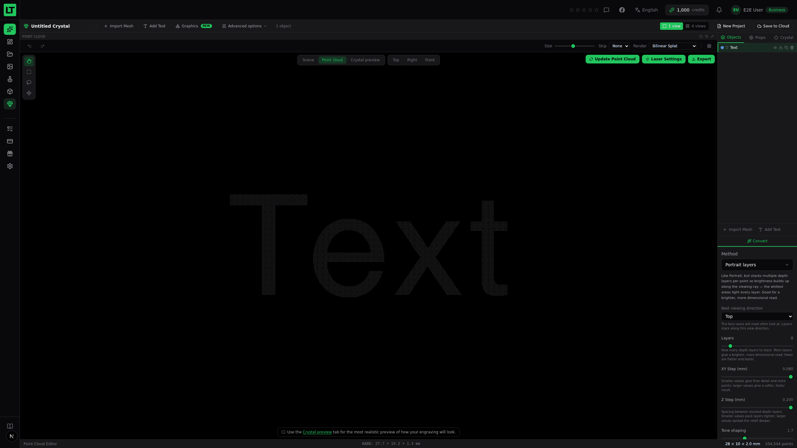 The point-cloud window showing the generated dots, the editor toolbar and the point count