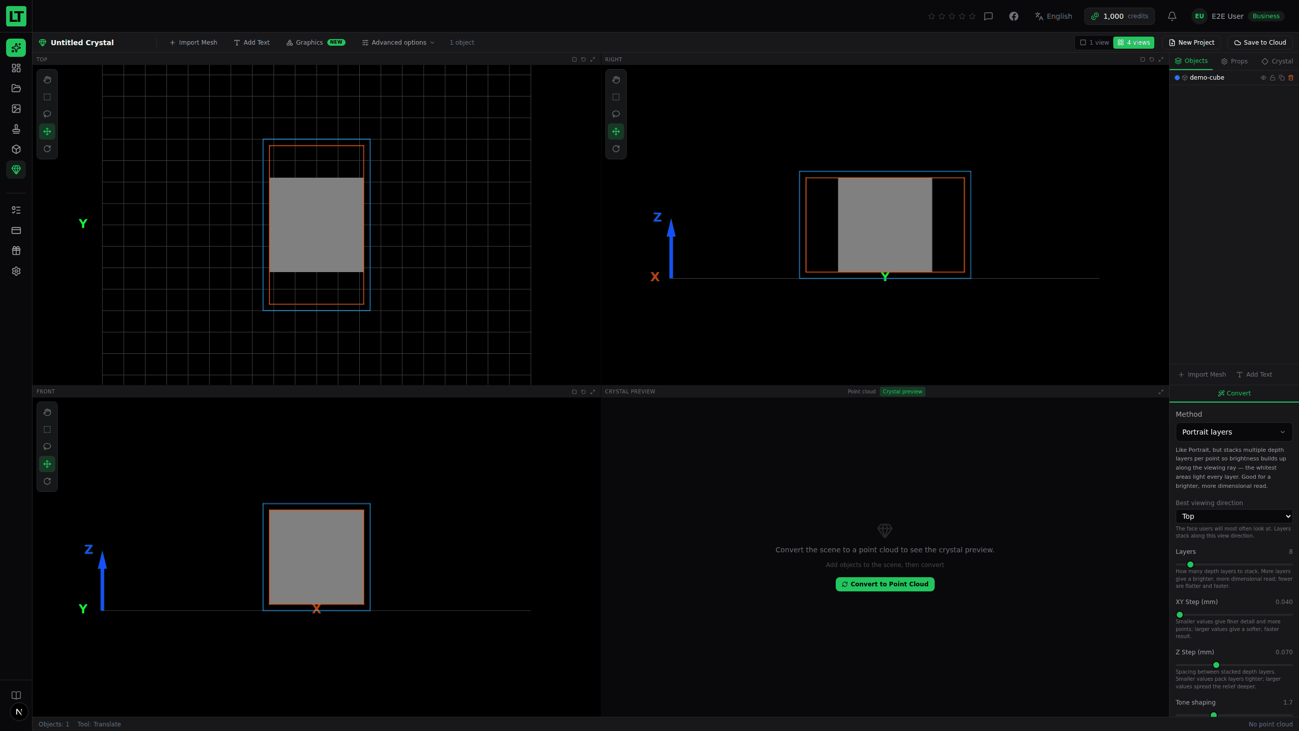 Crystal Studio in 4 views: Top, Right and Front scene panes plus a fourth crystal-preview pane