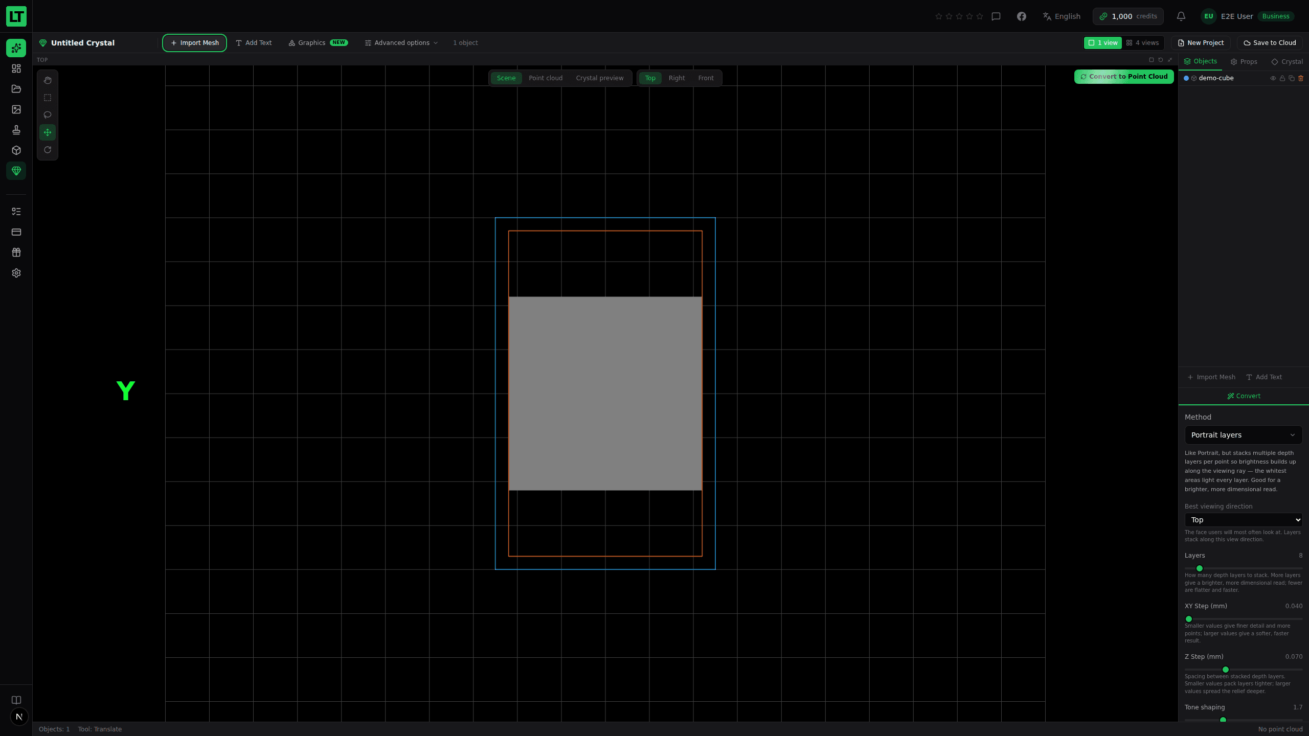The Crystal Studio workspace: one scene window, the tool strip on the left, and the settings panel on the right
