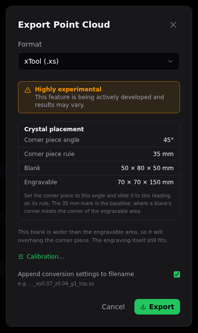 The export dialog set to xTool (.xs), showing the Crystal placement panel with corner piece angle and rule