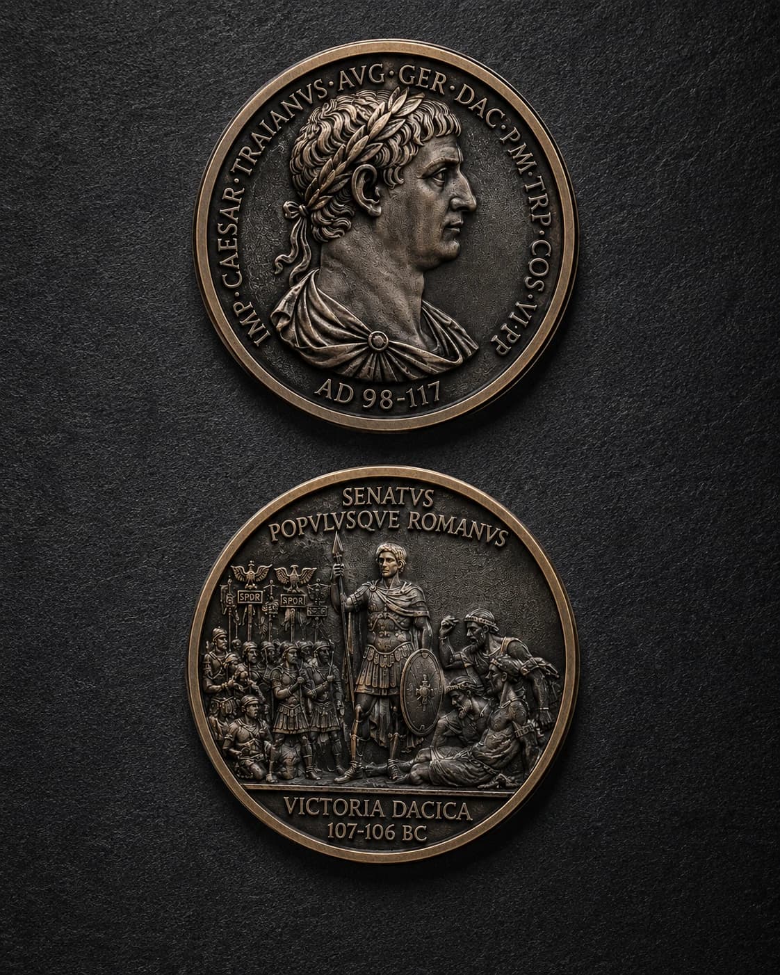 Two engraved Roman-style medallions — emperor Trajan portrait and a Victoria Dacica relief scene in bronze finish