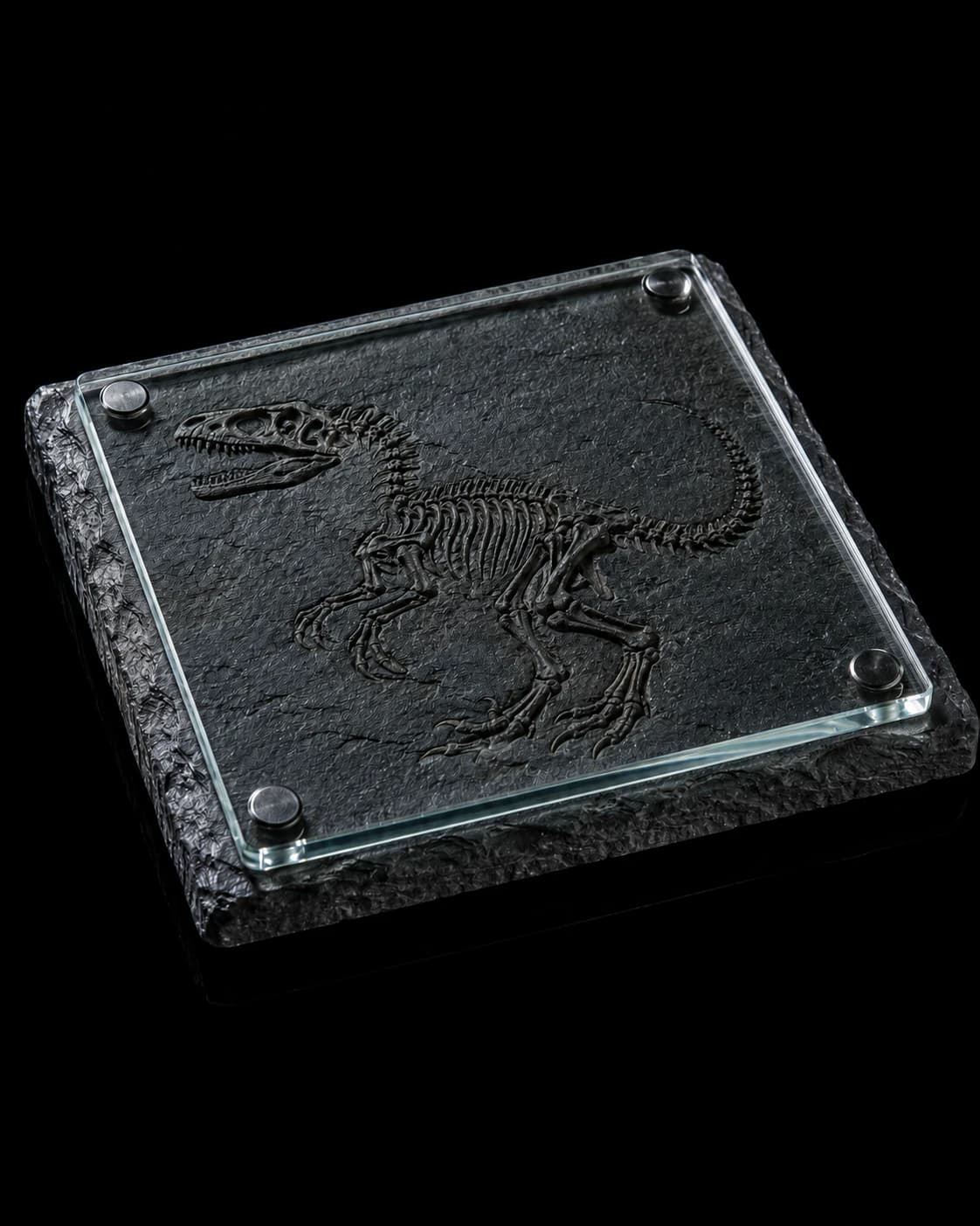 Square glass coaster on a slate base with a dinosaur skeleton engraved on the underside