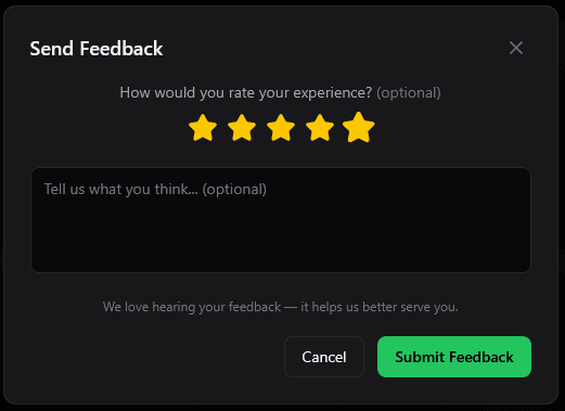 The Send Feedback dialog with a star rating and an optional message box