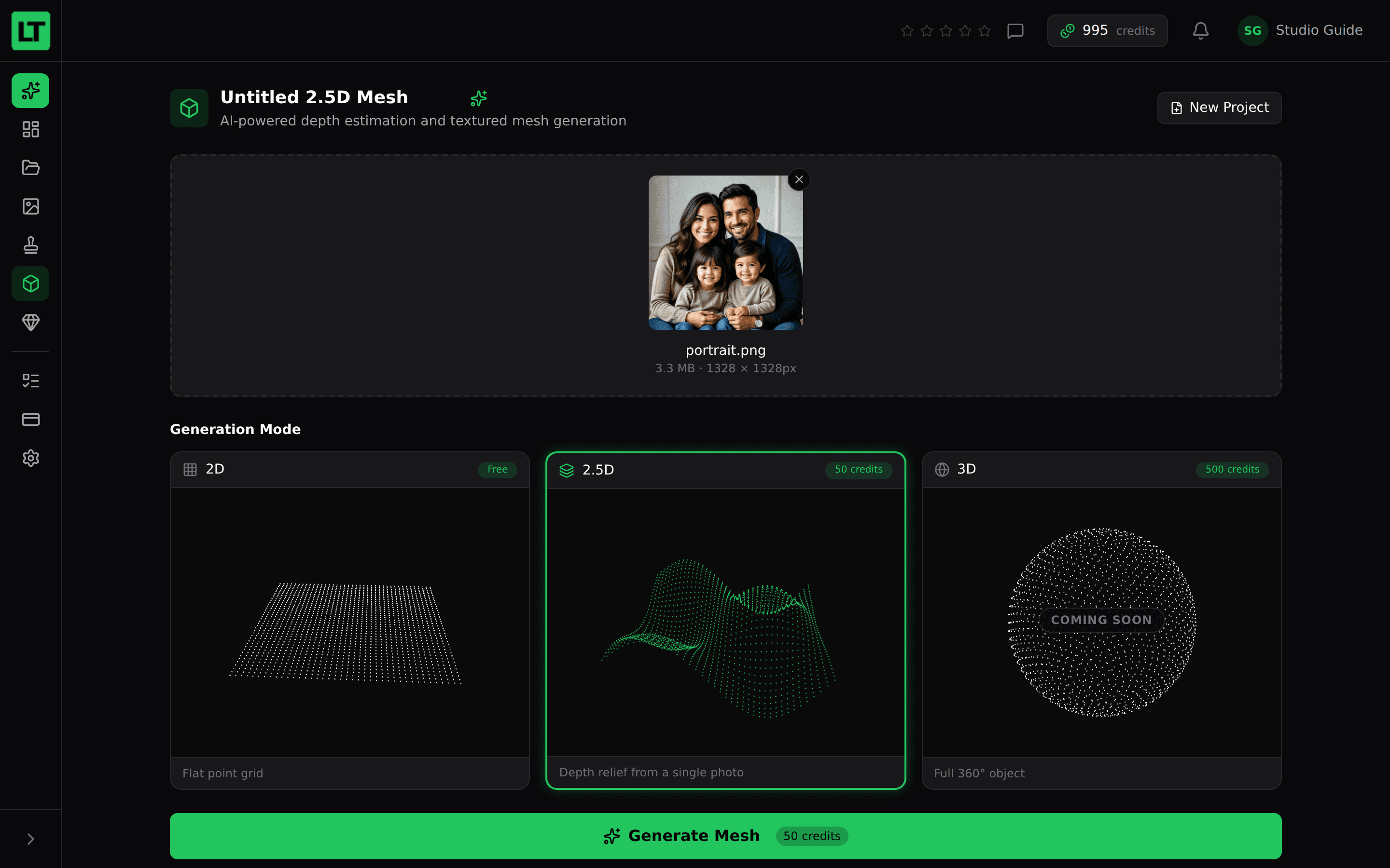 Mesh Studio with an image loaded and the 2D, 2.5D, and 3D generation modes