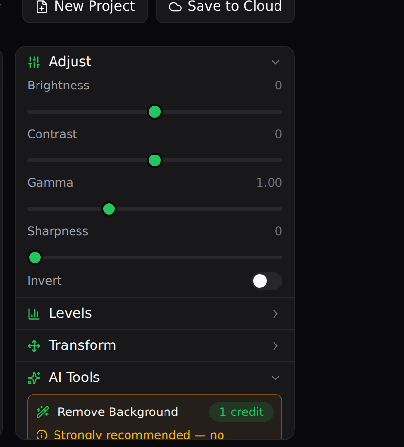 The Adjust section with Brightness, Contrast, Gamma, Sharpness sliders and an Invert toggle