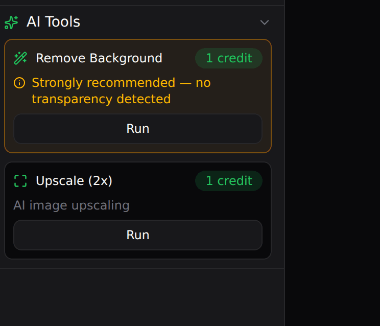 Remove Background and Upscale tools with credit costs and recommendations