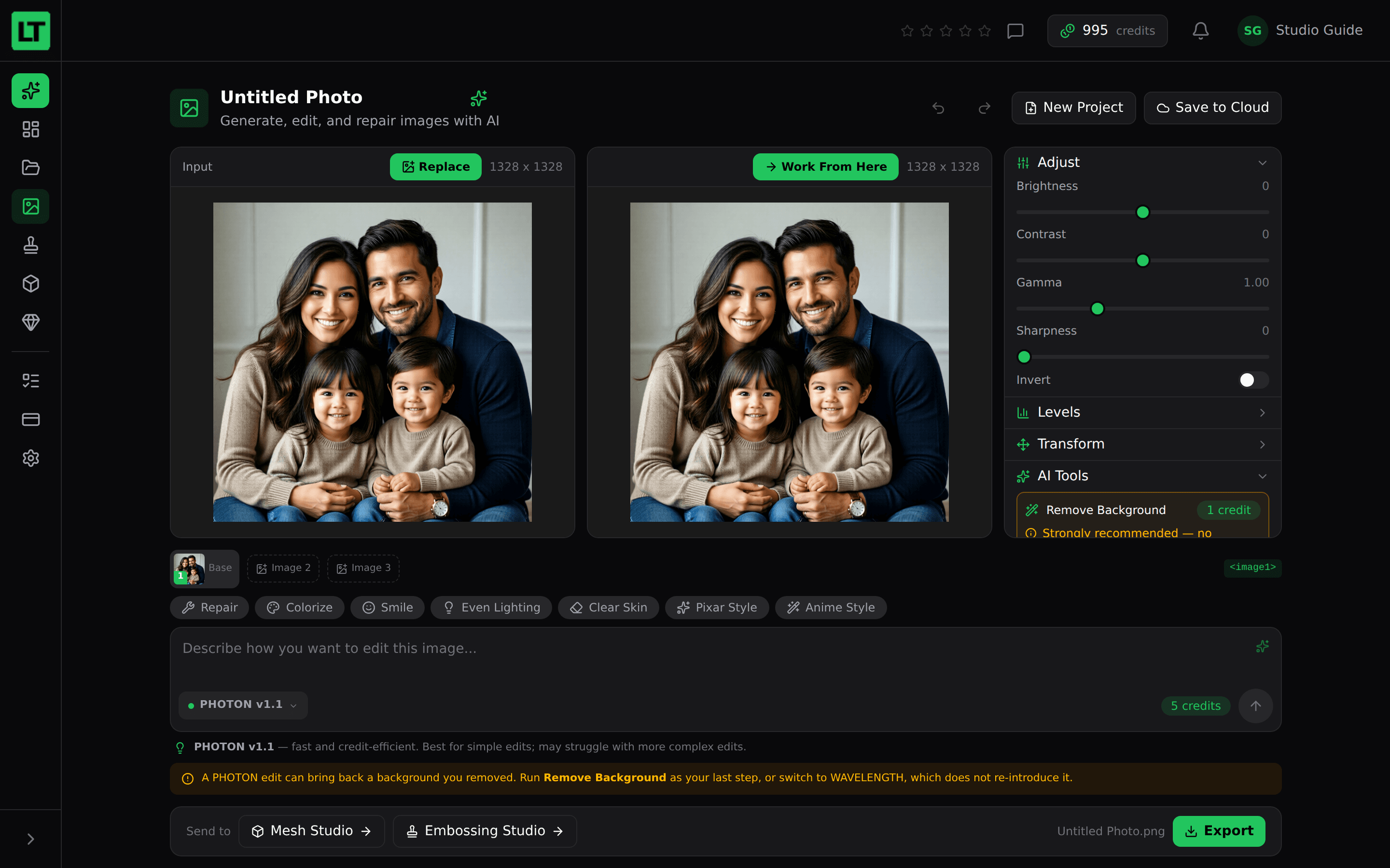 The Photo Studio editor showing the image, the Adjust/Levels/Transform/AI Tools sidebar, the AI edit box, and the export bar