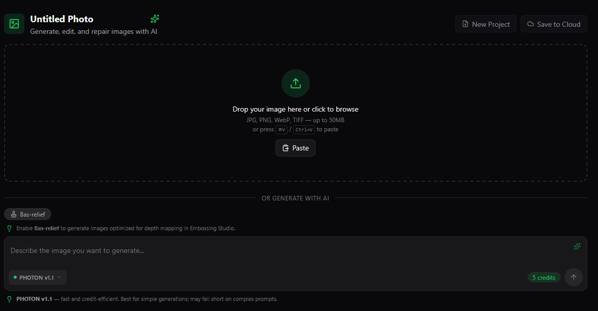 Photo Studio generation box with a text prompt field, model picker, and credit cost
