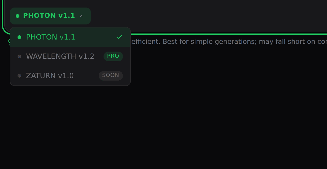 The model dropdown showing PHOTON v1.1 selected, WAVELENGTH v1.2 marked Pro, and ZATURN v1.0 marked Soon