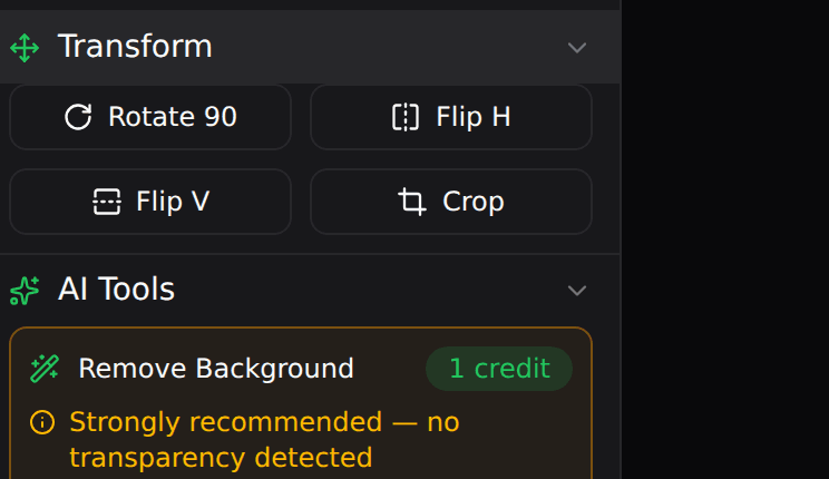 The Transform section with Rotate 90, Flip H, Flip V, and Crop buttons
