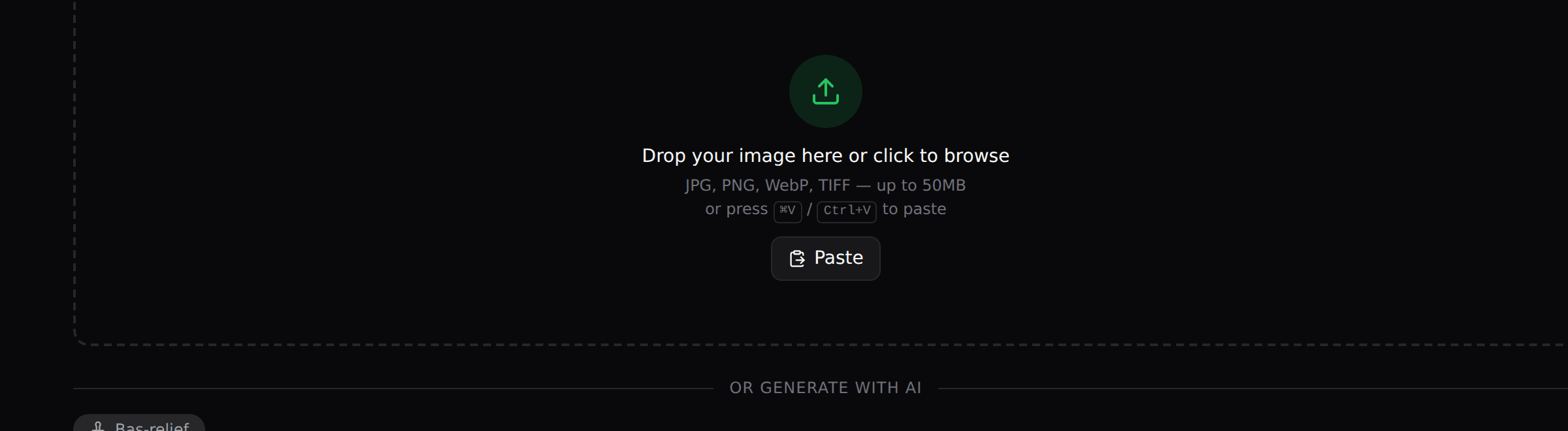 Photo Studio empty state with a drag-and-drop upload zone and a Paste button